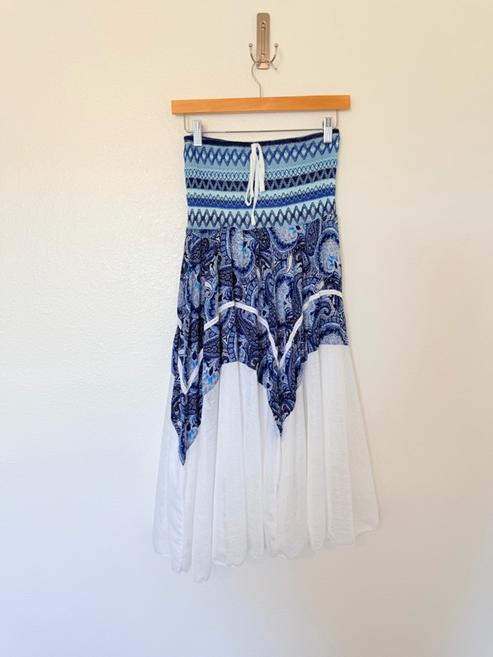 Y2K Blue Paisley maxi skirt / strapless midi dress with flowy white sheer skirt
